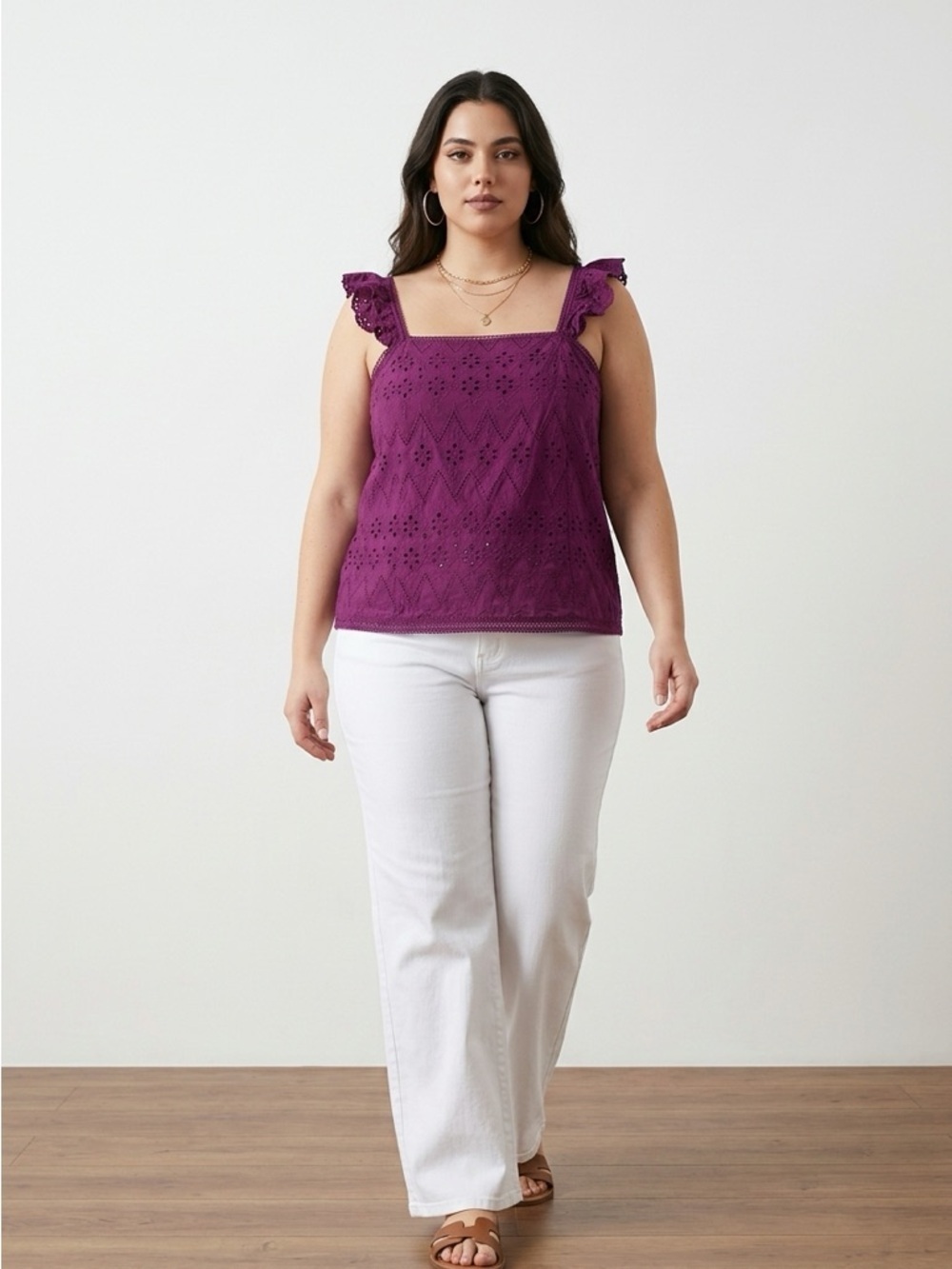 Denver Hayes Purple Eyelet Tank Top Large Ruffle Strap Square Neck Embroidered